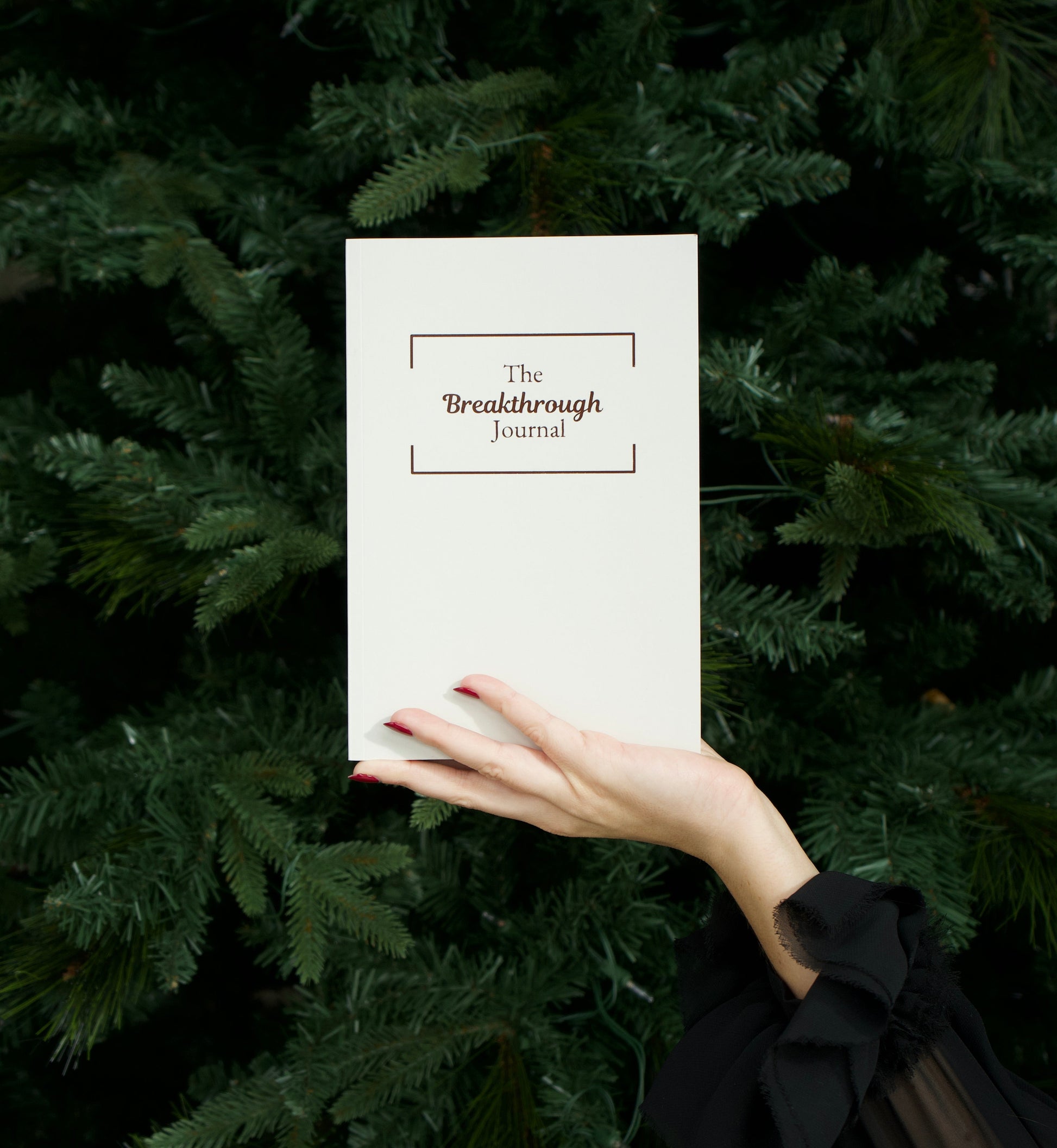 Hand holding a white book titled 'The Breakthrough Journal' against a dark green leafy background